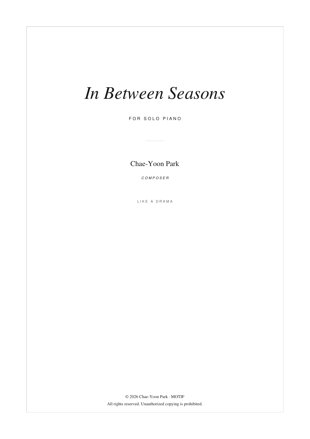 In Between Seasons official piano solo score cover